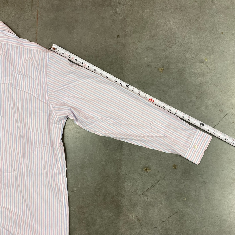 Brooks Brothers Milano Dress Shirt Pink Blue Stripe Mens 17.5 35 Non Iron - Picture 6 of 7